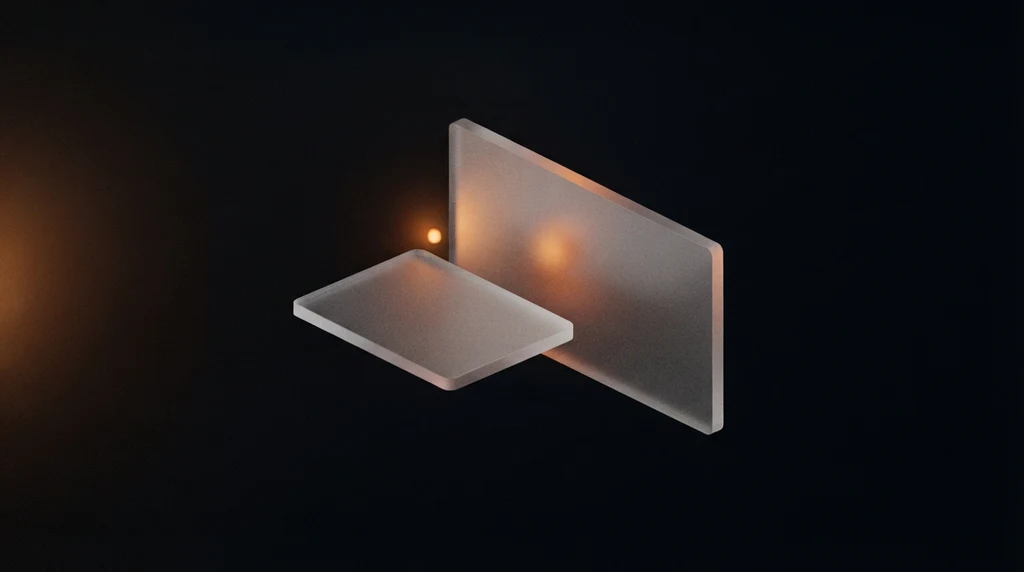 Two frosted glass panels of different sizes overlapping in dark space, a small orange light between them