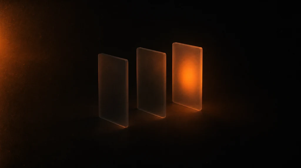 Three frosted glass slabs standing in a row in a dark space, the first two unlit and the third glowing warm orange from within