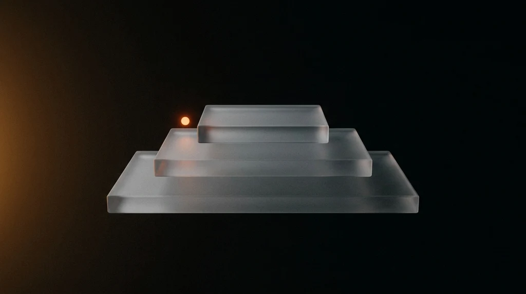 Three frosted glass slabs of decreasing size stacked like ascending steps in a dark void, lit by one small orange point of light.