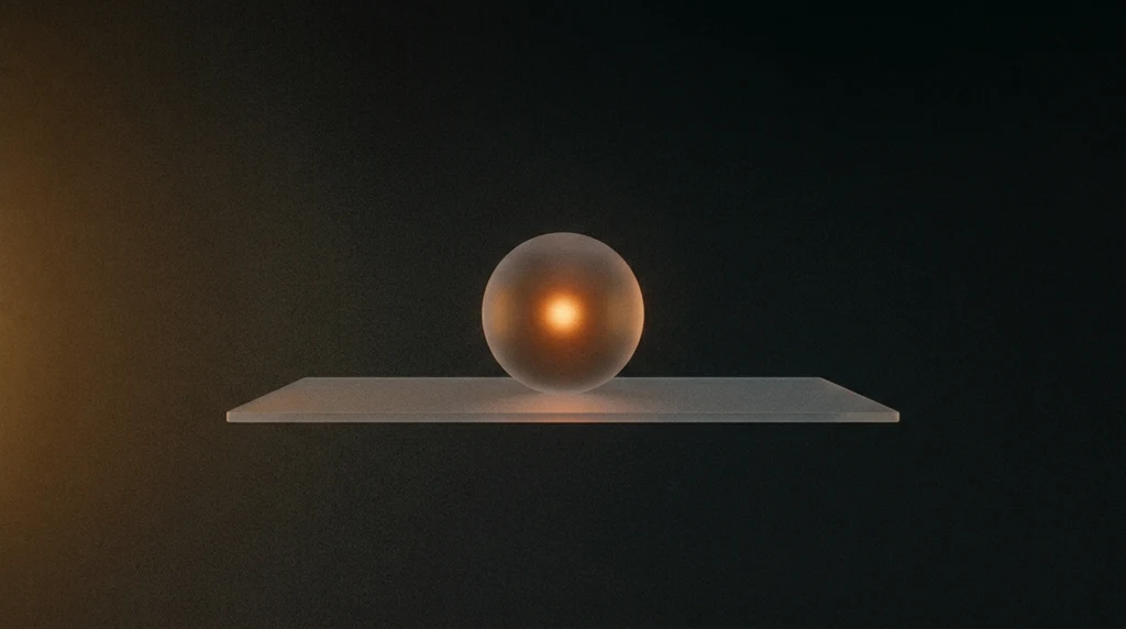 A frosted glass sphere resting on a flat glass plane in a dark void, lit from within by a single warm orange point of light.