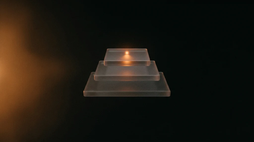 Three frosted glass slabs stacked in decreasing size like steps, with a small warm orange light resting on the topmost slab.