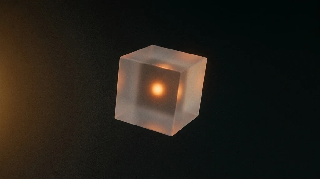 A tilted cube of frosted glass floating in a dark void with a warm orange light glowing softly from inside it.