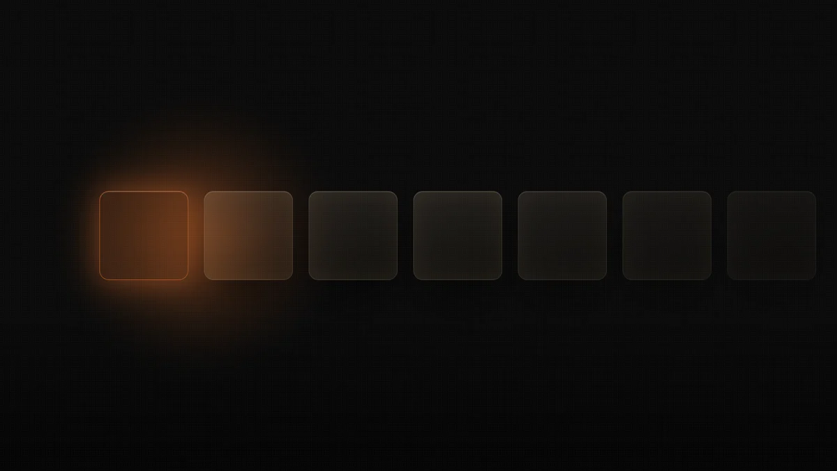 Seven frosted glass squares in a row across a dark frame, the first glowing warm orange and the rest unlit