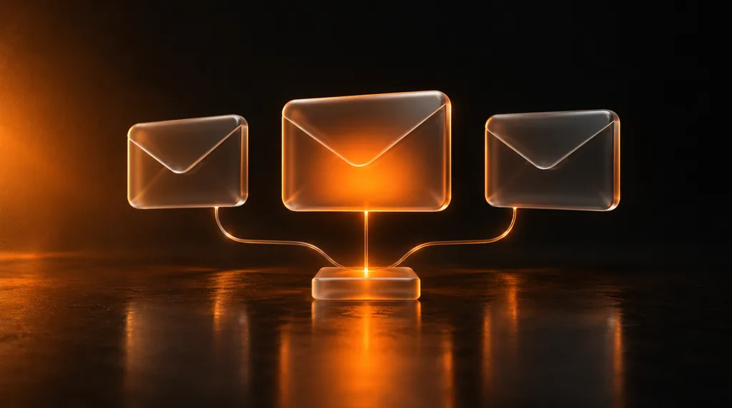 Three frosted glass envelopes linked by thin lines of light to a small glass tile, the middle envelope glowing warm orange on a dark reflective floor