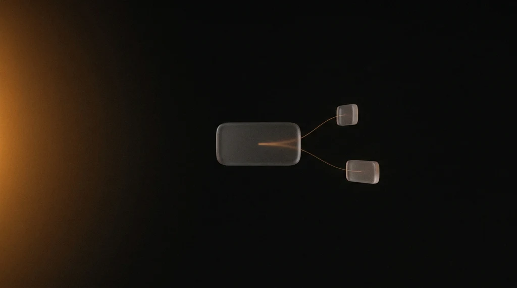 A glass message card with glowing orange text rows and two connector lines reaching out to two dots