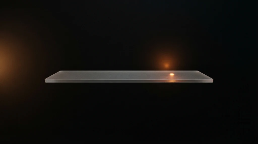 A frosted glass slab floating in a near-black void with a single warm orange point of light resting on its surface