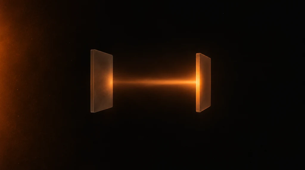 Two frosted glass slabs facing each other in a dark space with a single beam of warm orange light travelling from the right slab to the left one