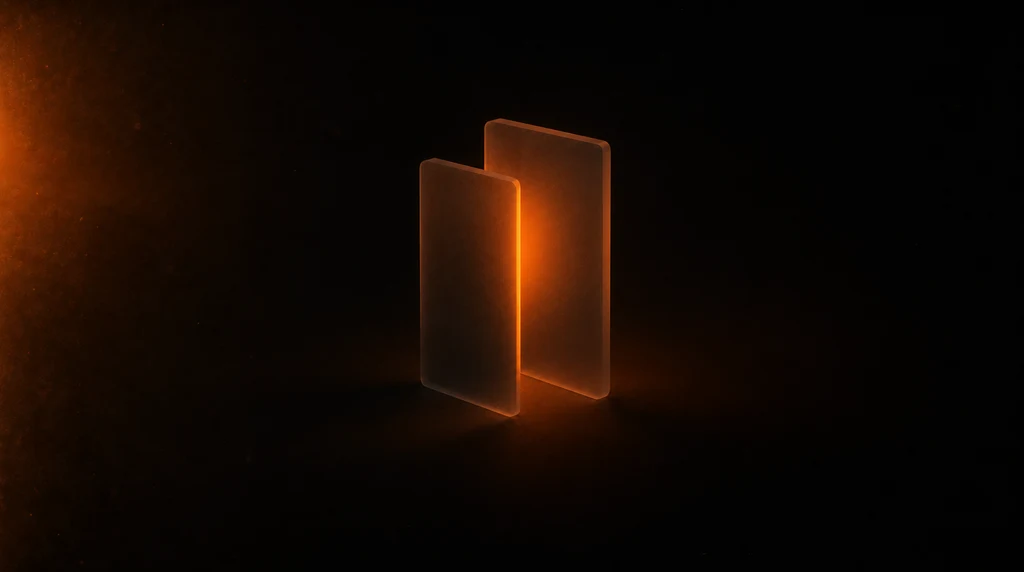 Two frosted glass slabs standing one in front of the other in a dark space, with a narrow seam of warm orange light escaping the gap between them