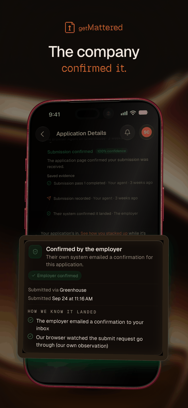 GetMattered application details on a phone, marked Confirmed by the employer, with the employer's confirmation email listed as proof
