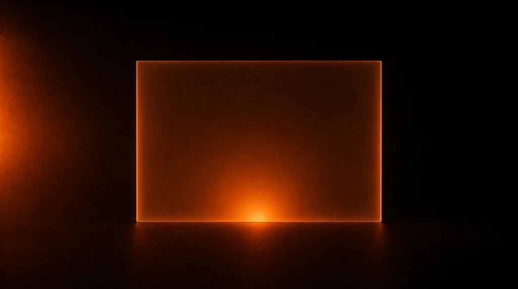 A single frosted glass panel in darkness glowing warm orange from a point behind its base