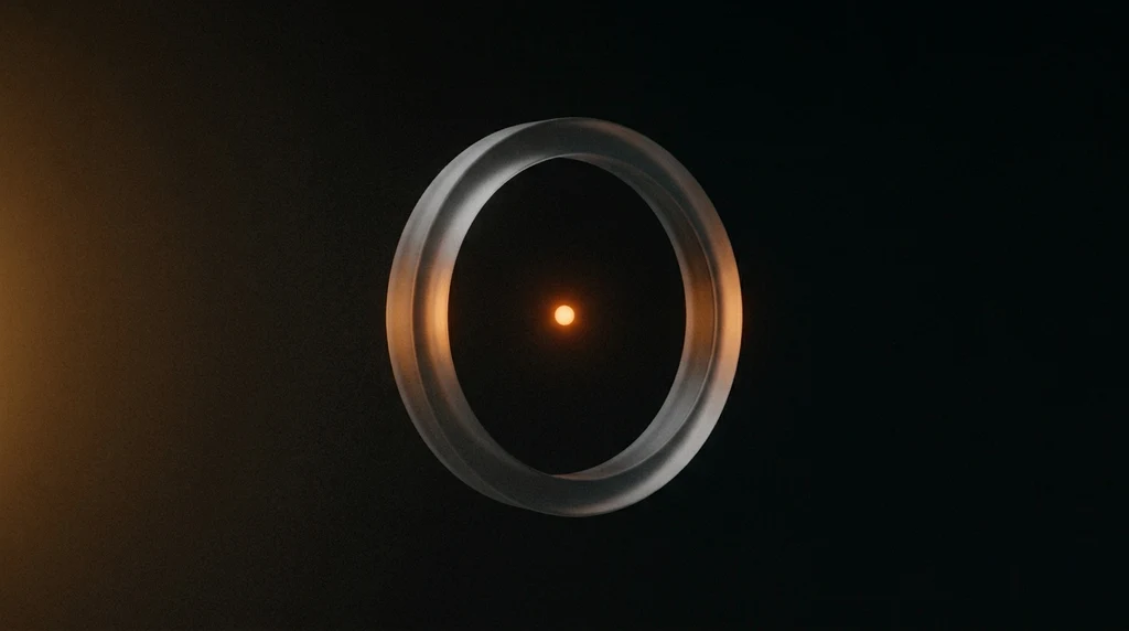 An upright ring of frosted glass standing on edge in darkness, with a single warm orange point of light suspended at its centre.