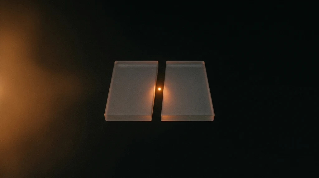 A frosted glass slab cleanly broken into two pieces, with a single warm orange point of light suspended in the gap between them.