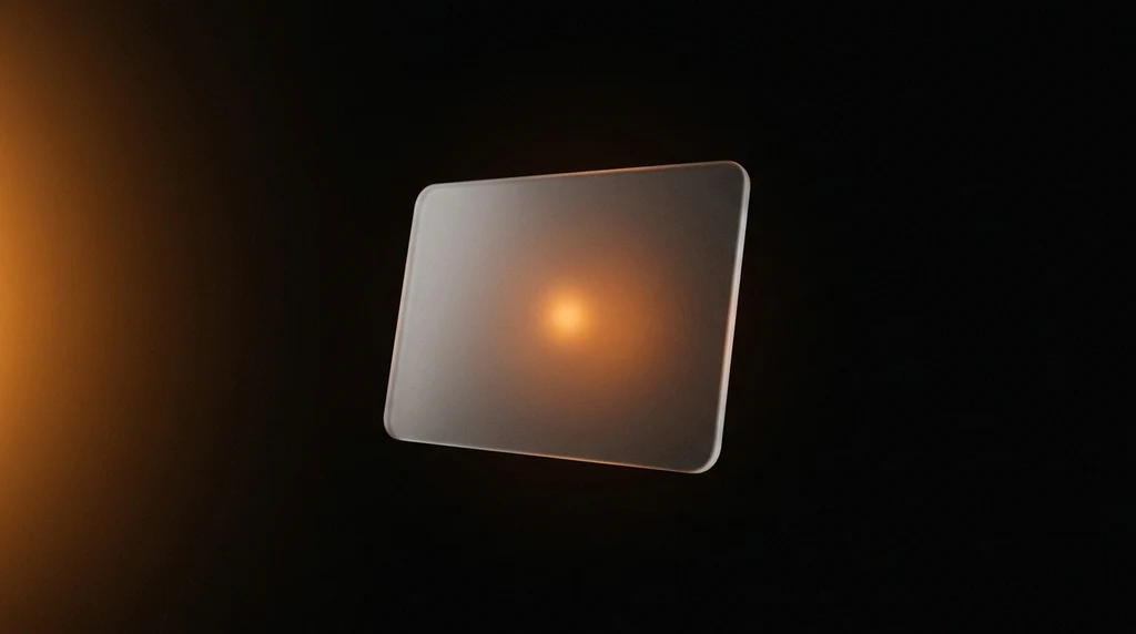 A glass video-call panel with a glowing orange camera aperture and waveform bar, floating in a dark void