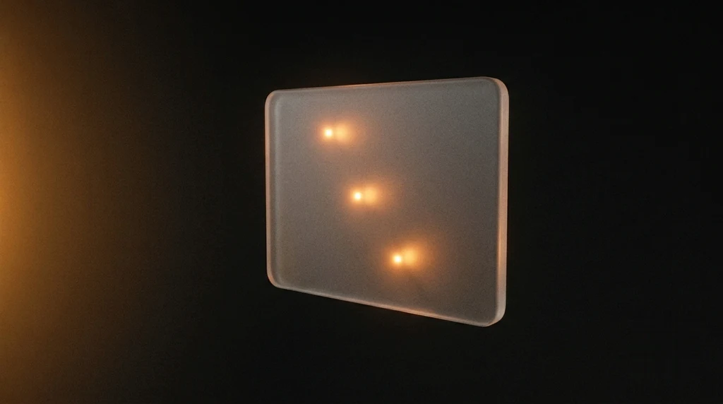 A glass panel holding a line-art map of Europe with three glowing orange location pins