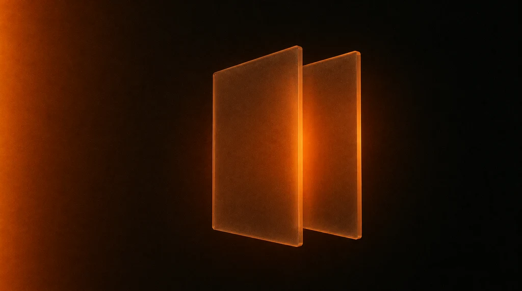 Two frosted glass panels standing side by side in darkness, lit from between them in warm orange