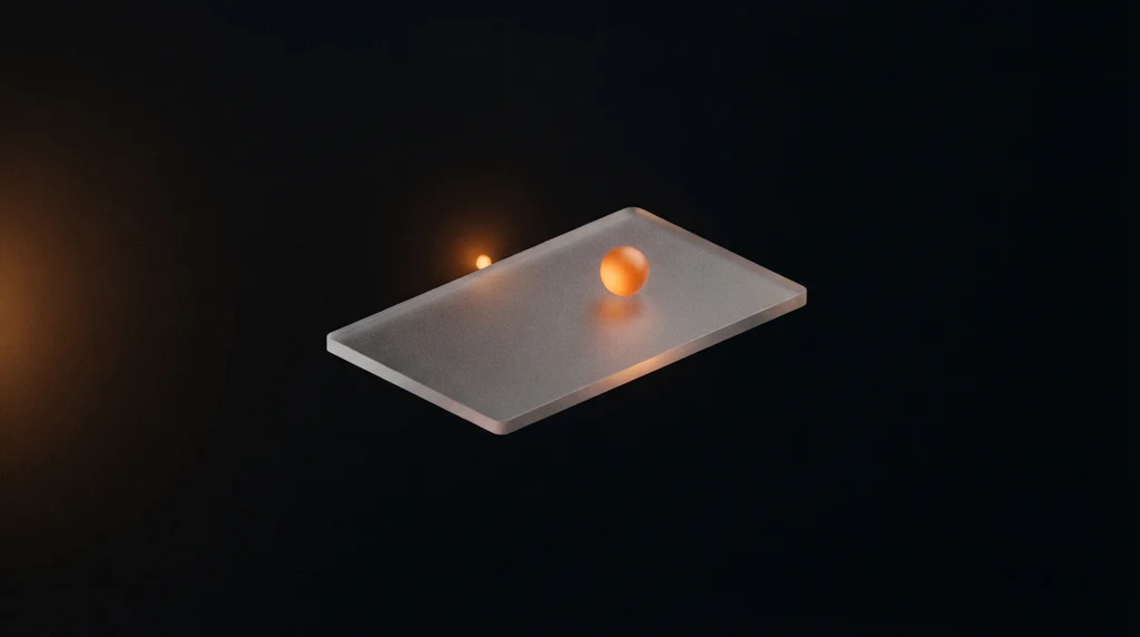 A single frosted glass slab floating in near-black space with one glowing orange sphere resting on its surface