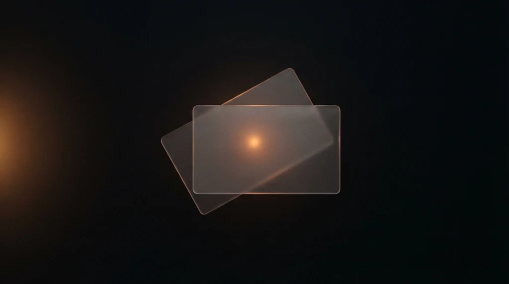 Two frosted glass panels overlapping at an angle in a dark void, lit from behind by a single warm orange point of light