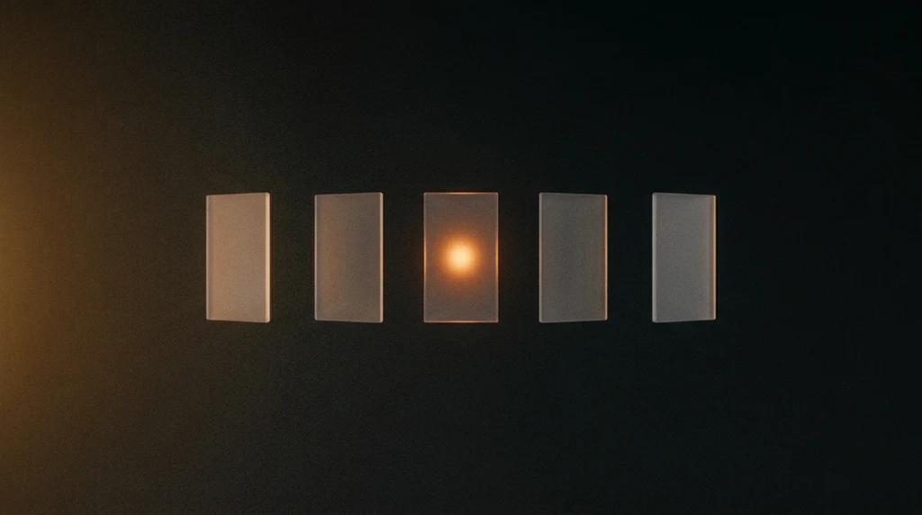Five identical frosted glass panels standing separately in a row against a near-black background, with a single warm orange light glowing behind the centre panel.